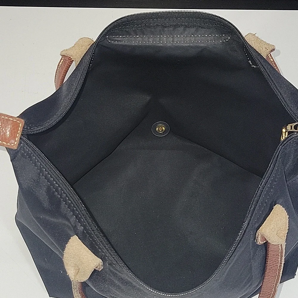 Longchamp Lepliage Black Tote Bag with Brown Leather Trim